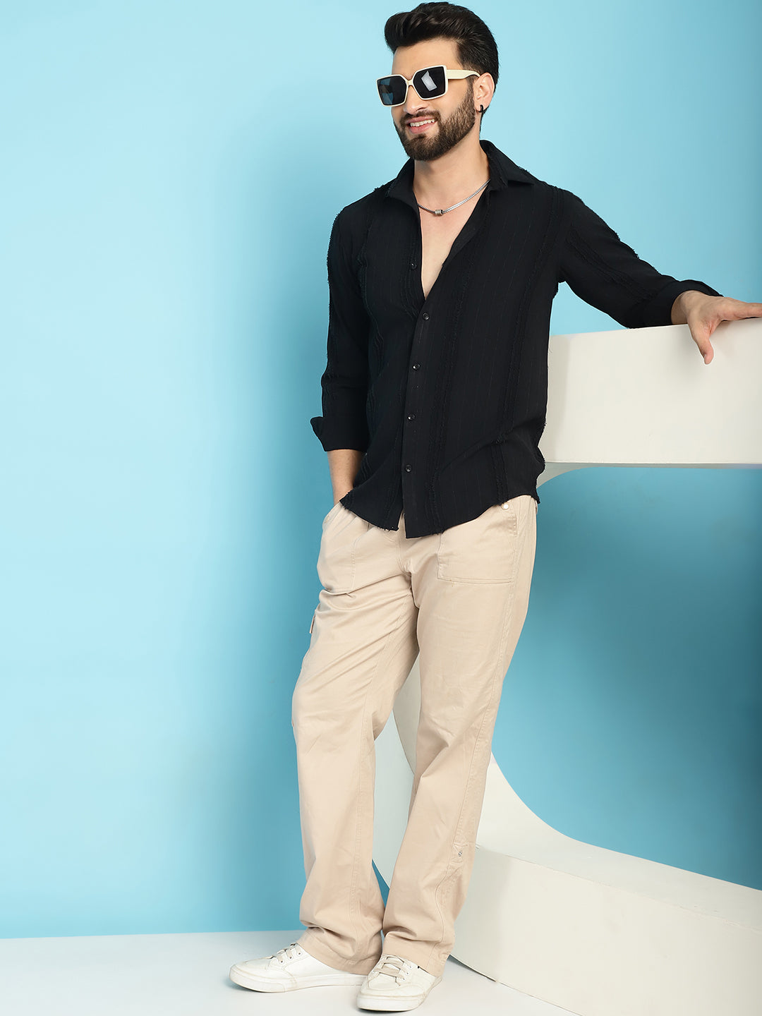 Indian Needle Men's Self Design Casual Shirt - Black | Grocsy