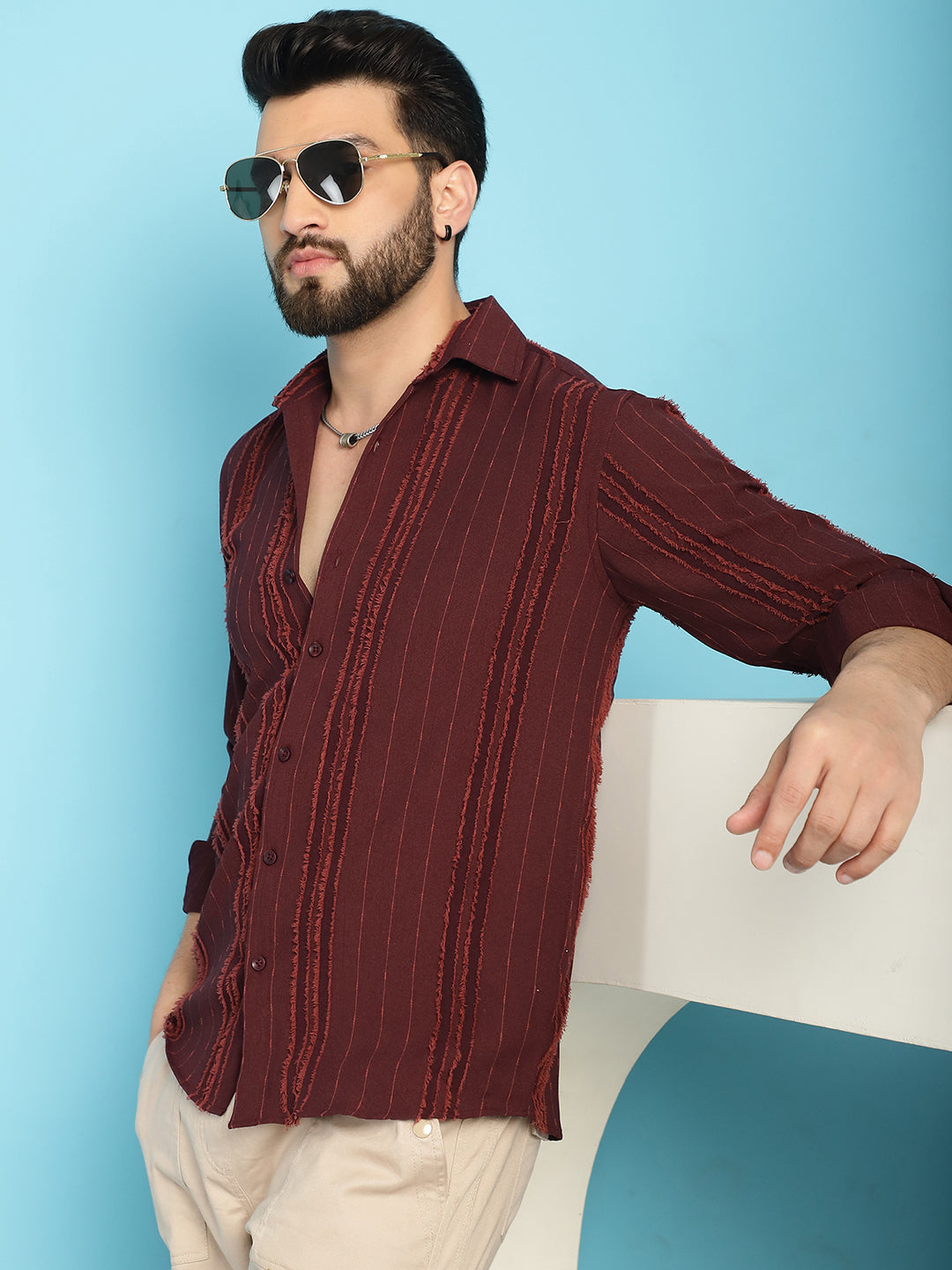 Indian Needle Men's Self Design Casual Shirt - Brown | Grocsy