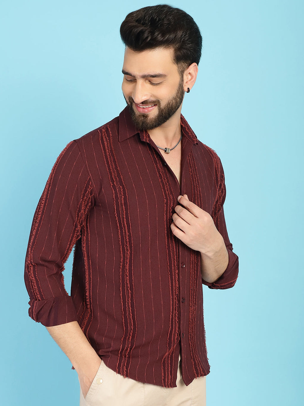 Indian Needle Men's Self Design Casual Shirt - Brown | Grocsy