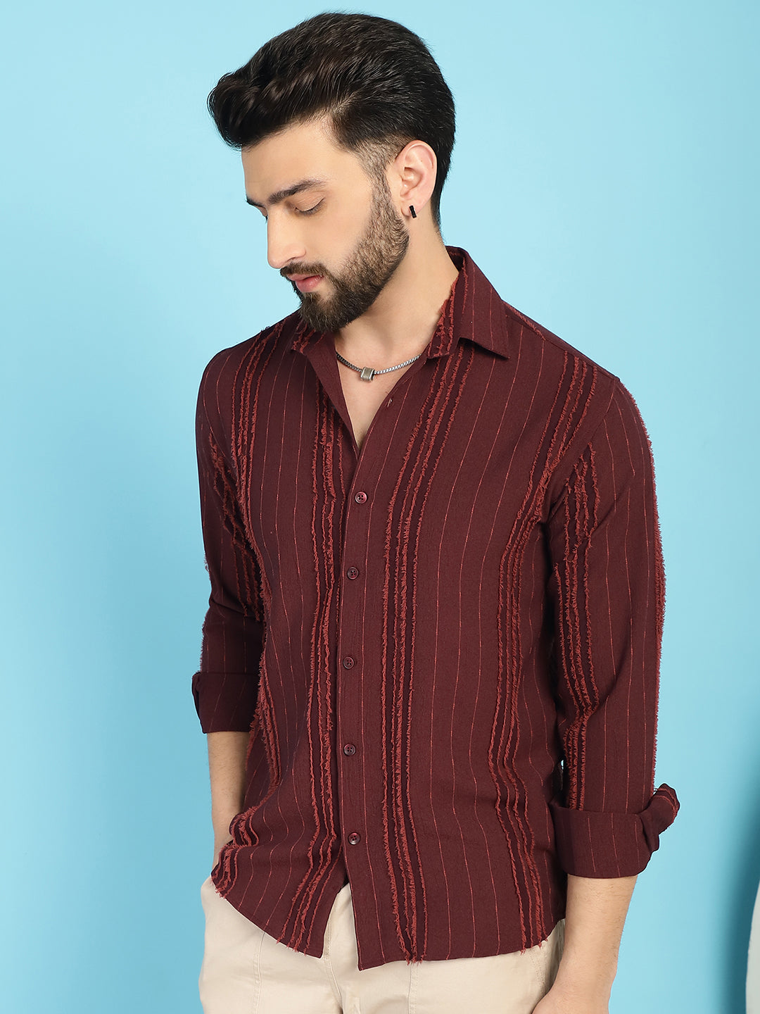 Indian Needle Men's Self Design Casual Shirt - Brown | Grocsy
