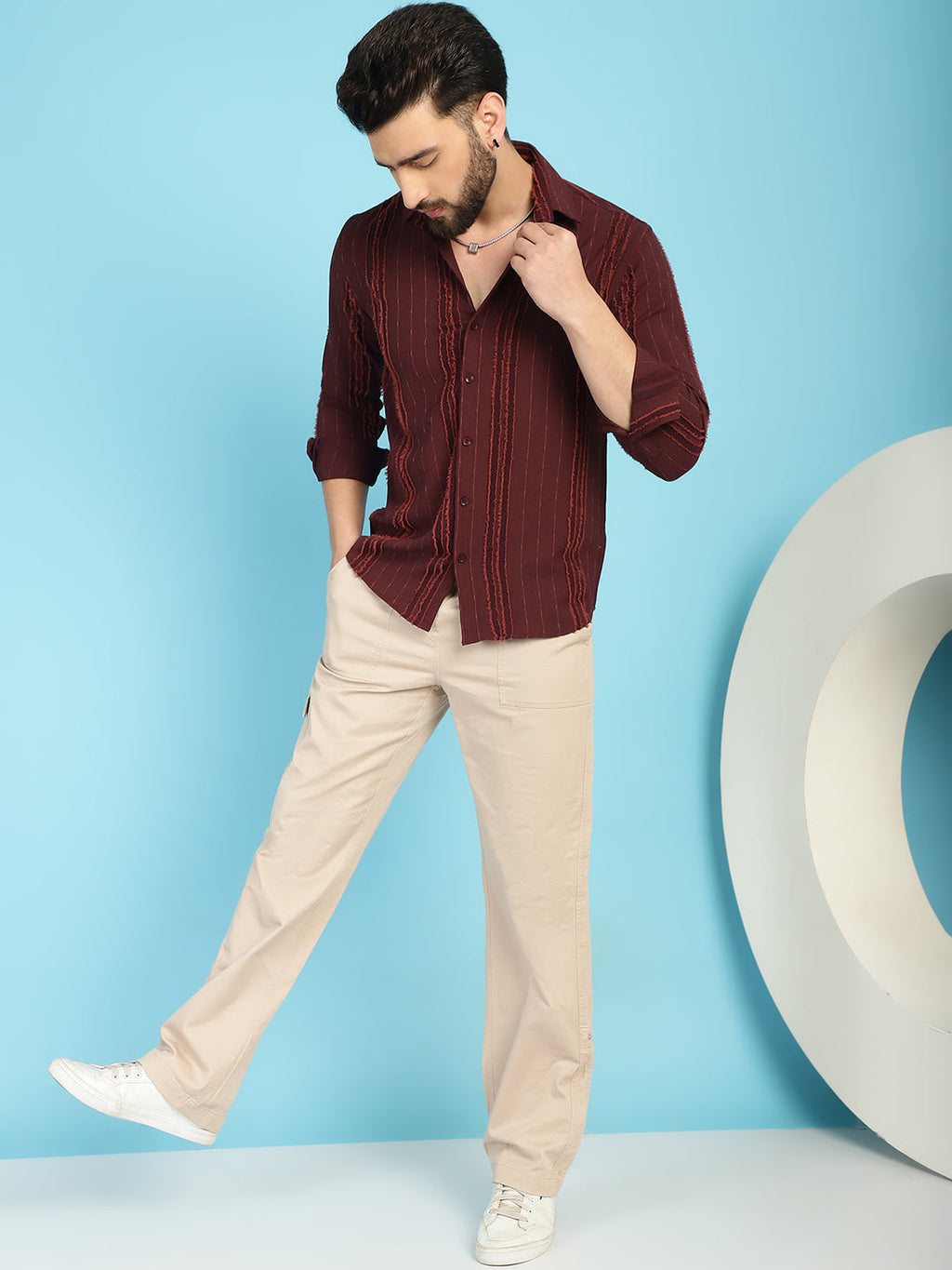 Indian Needle Men's Self Design Casual Shirt - Brown | Grocsy
