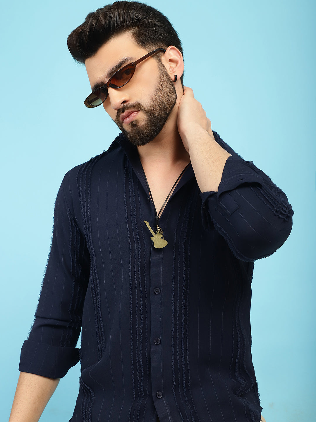 Indian Needle Men's Self Design Casual Shirt - Navy Blue | Grocsy