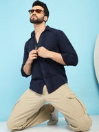 Indian Needle Men's Self Design Casual Shirt - Navy Blue | Grocsy