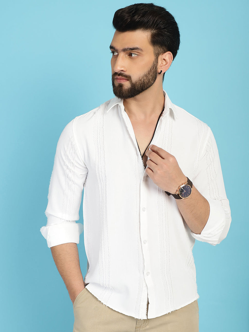 Indian Needle Men's Self Design Casual Shirt - White | Grocsy