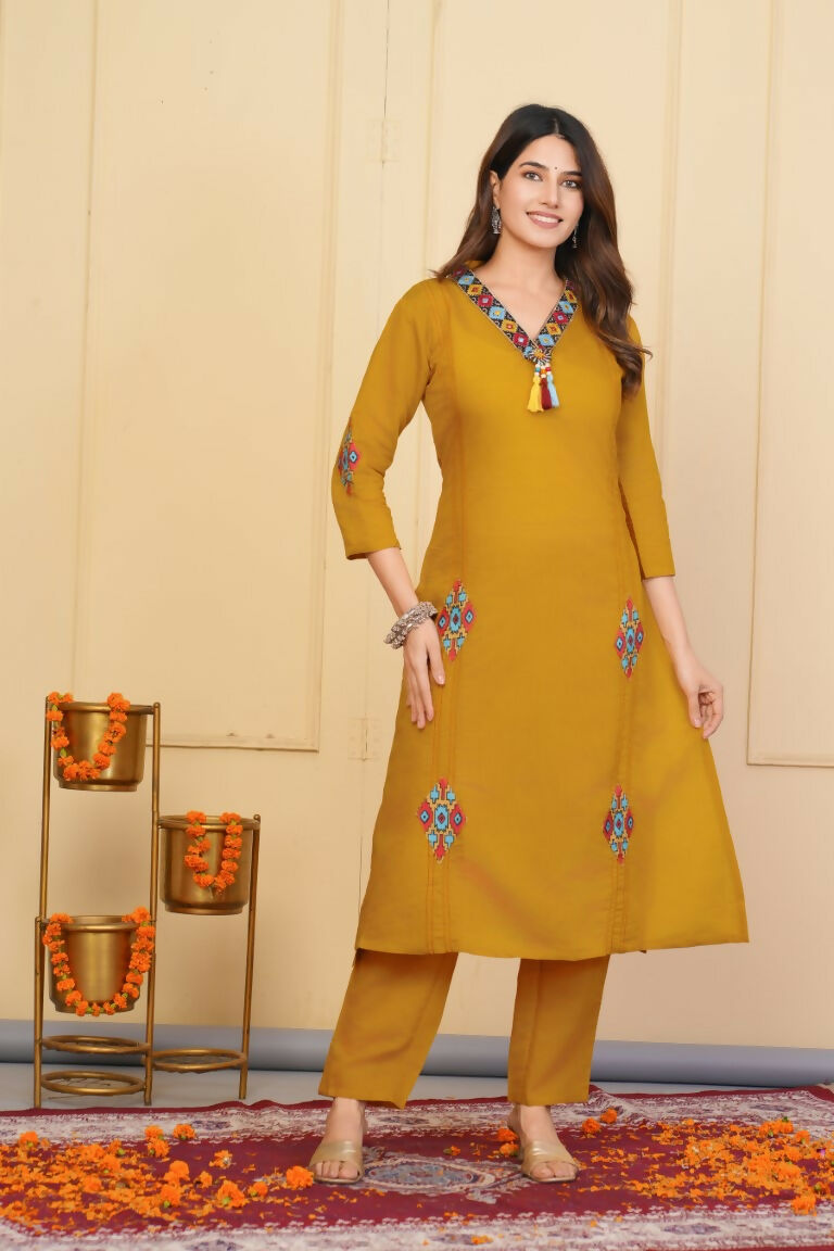 Mustered Viscose Chanderi Embroidered Stitched Suit With Dupatta - Tanisha | Grocsy