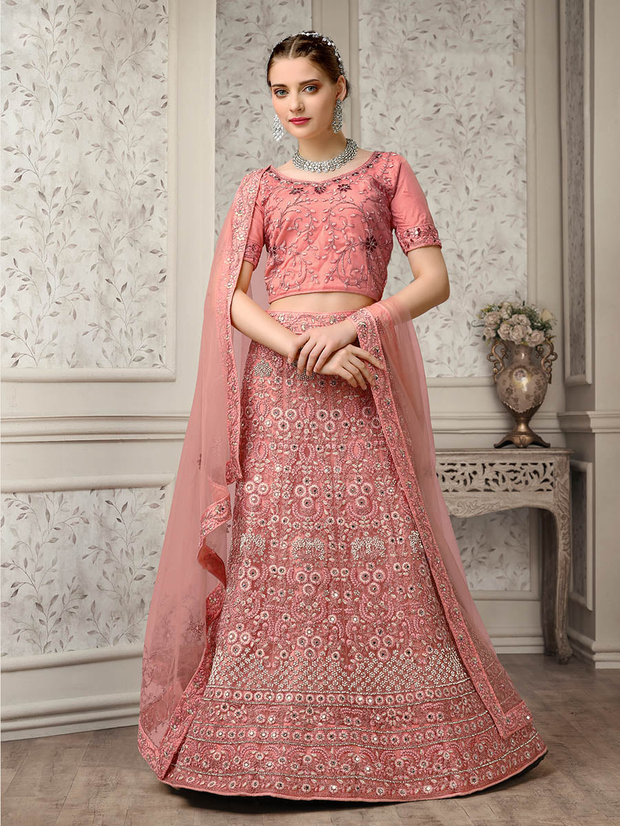 Myra Dusty Pink Net Heavy Embroidered Lehenga Choli | Grocsy