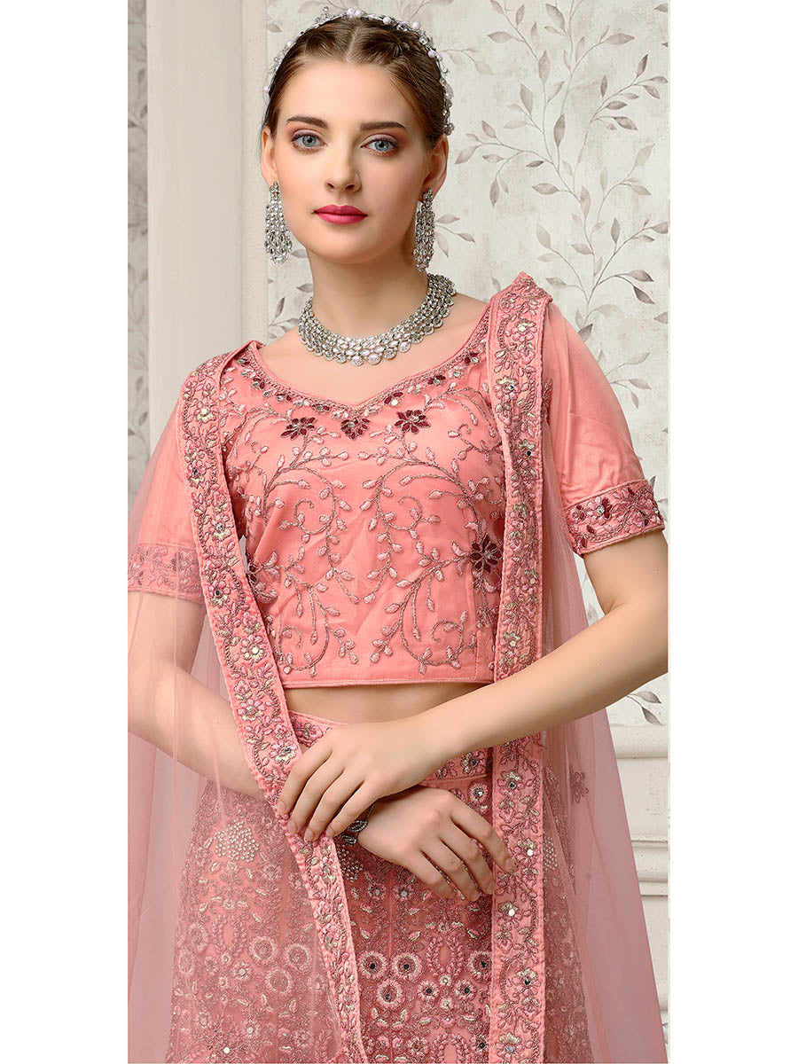 Myra Dusty Pink Net Heavy Embroidered Lehenga Choli | Grocsy
