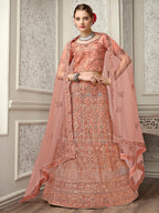 Myra Peach Net Heavy Embroidered Lehenga Choli | Grocsy