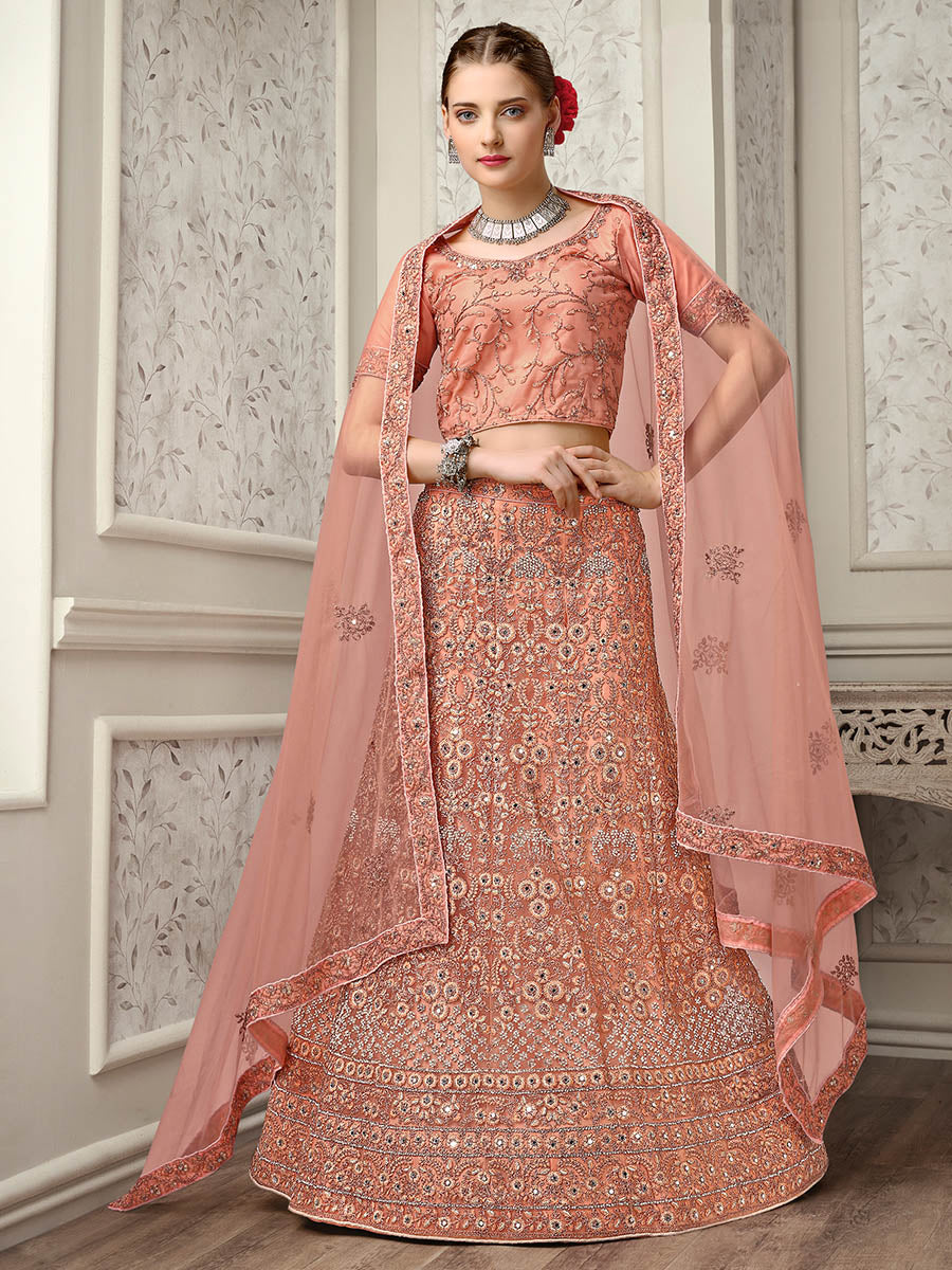 Myra Peach Net Heavy Embroidered Lehenga Choli | Grocsy