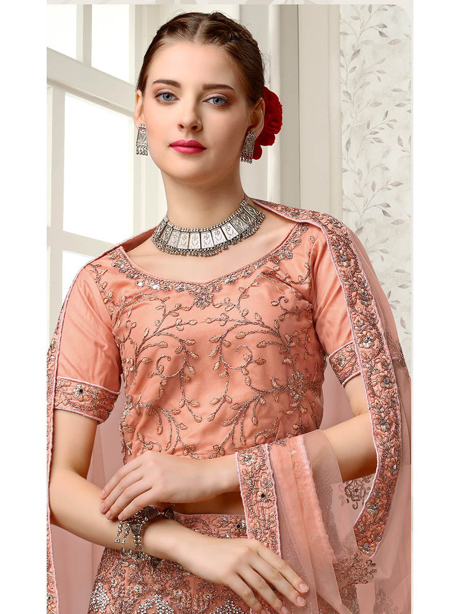 Myra Peach Net Heavy Embroidered Lehenga Choli | Grocsy