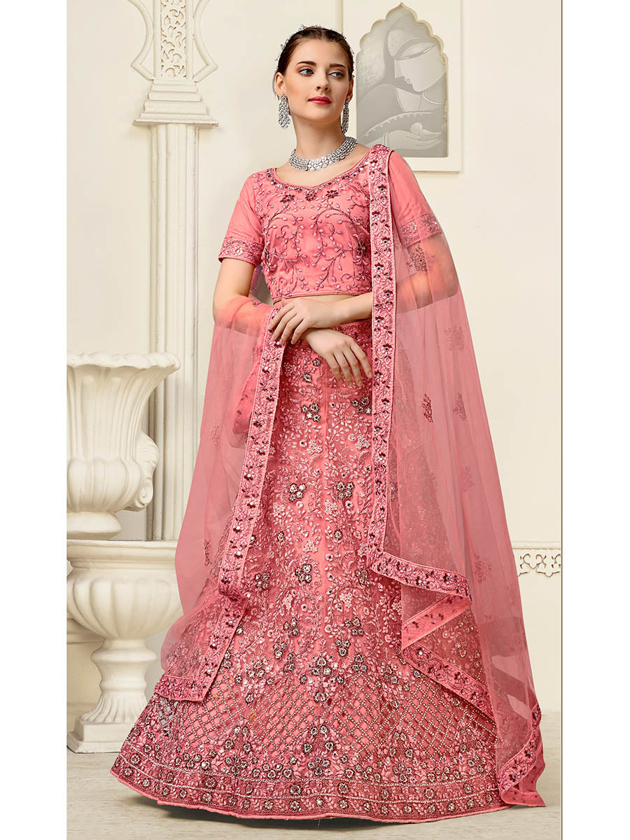 Myra Dusty Pink Net Heavy Embroidered Lehenga Choli | Grocsy