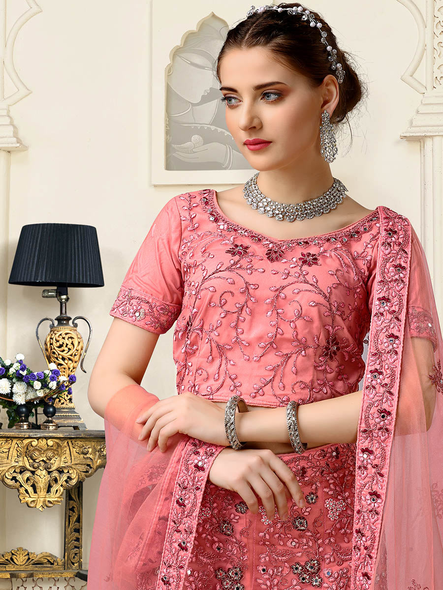 Myra Dusty Pink Net Heavy Embroidered Lehenga Choli | Grocsy
