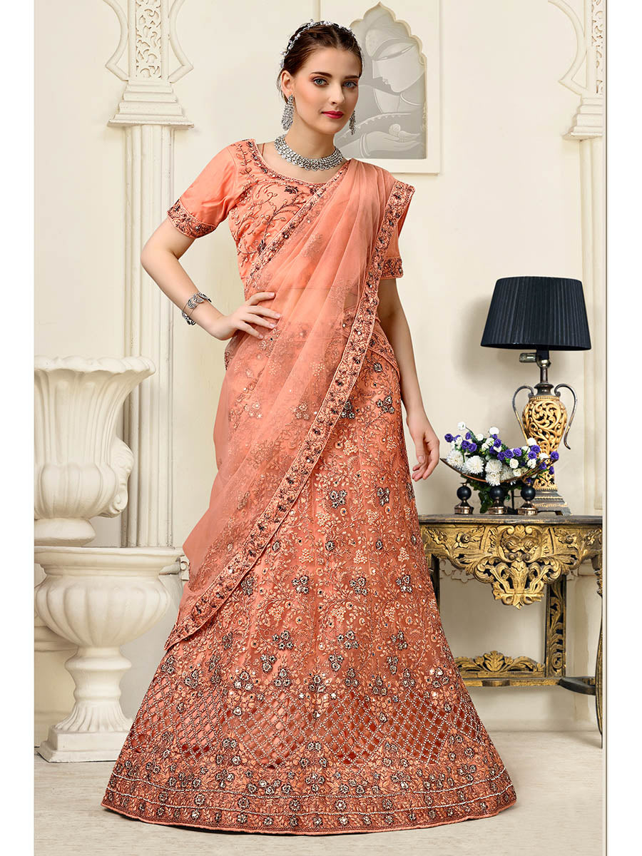 Myra Peach Net Heavy Embroidered Lehenga Choli | Grocsy