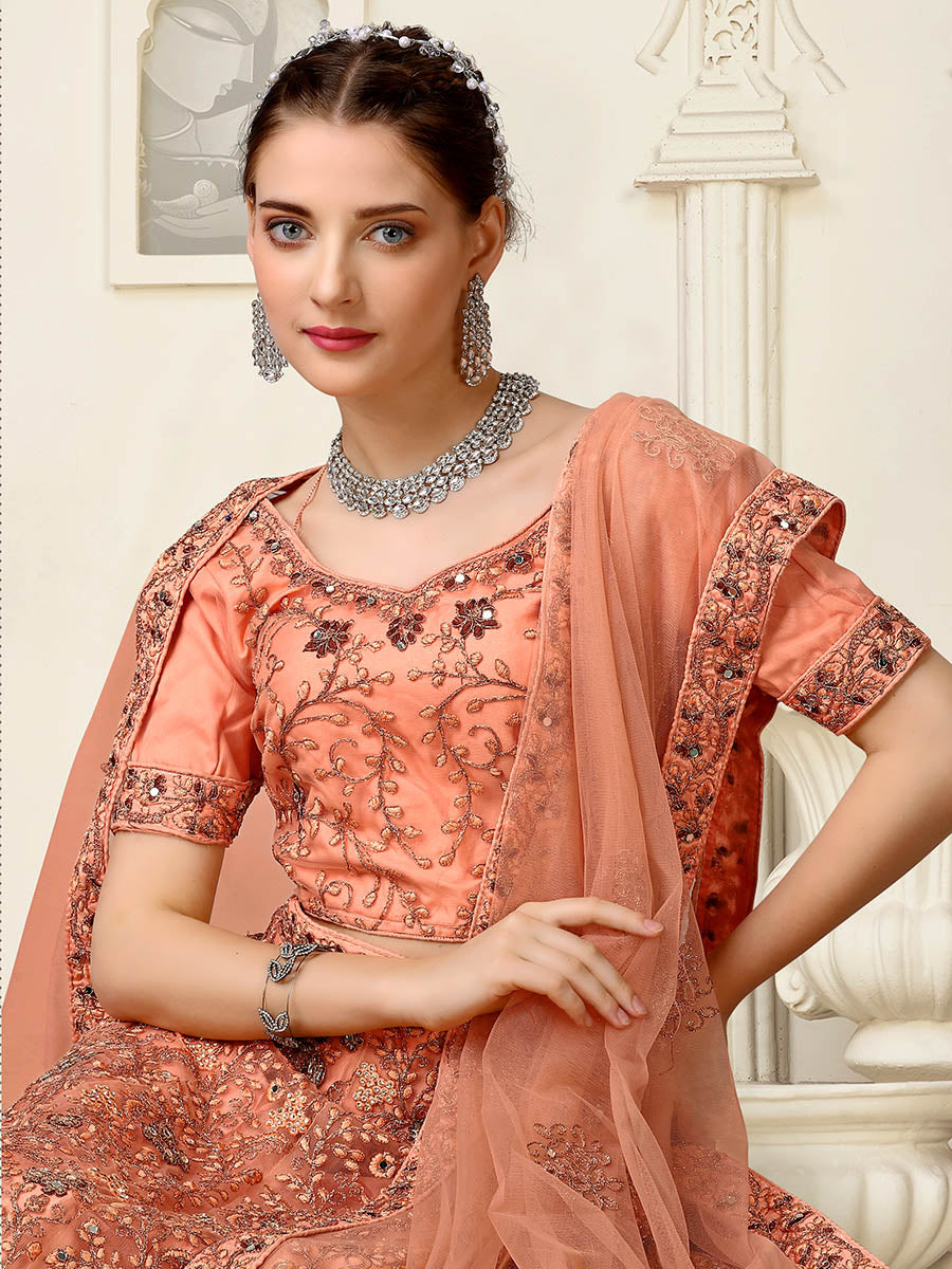 Myra Peach Net Heavy Embroidered Lehenga Choli | Grocsy