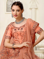 Myra Peach Net Heavy Embroidered Lehenga Choli | Grocsy