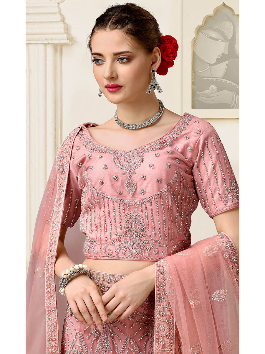 Myra Dusty Pink Net Heavy Embroidered Lehenga Choli | Grocsy