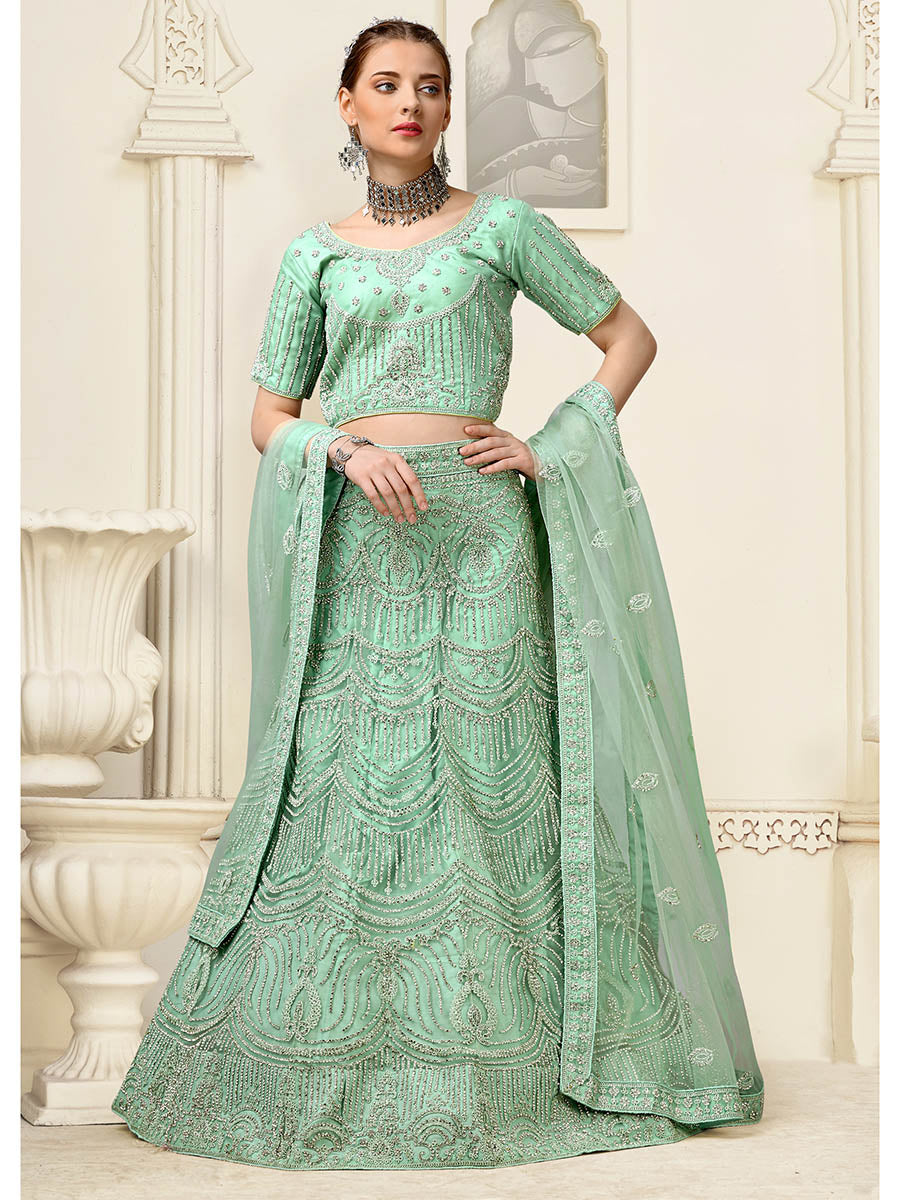 Myra Pista Net Heavy Embroidered Lehenga Choli | Grocsy