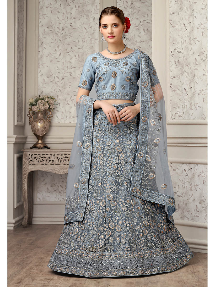 Myra Dusty Grey Net Heavy Embroidered Lehenga Choli | Grocsy