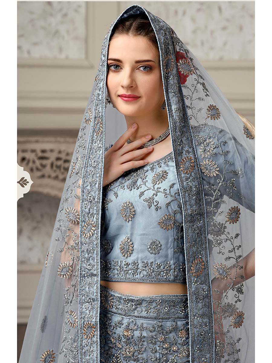 Myra Dusty Grey Net Heavy Embroidered Lehenga Choli | Grocsy