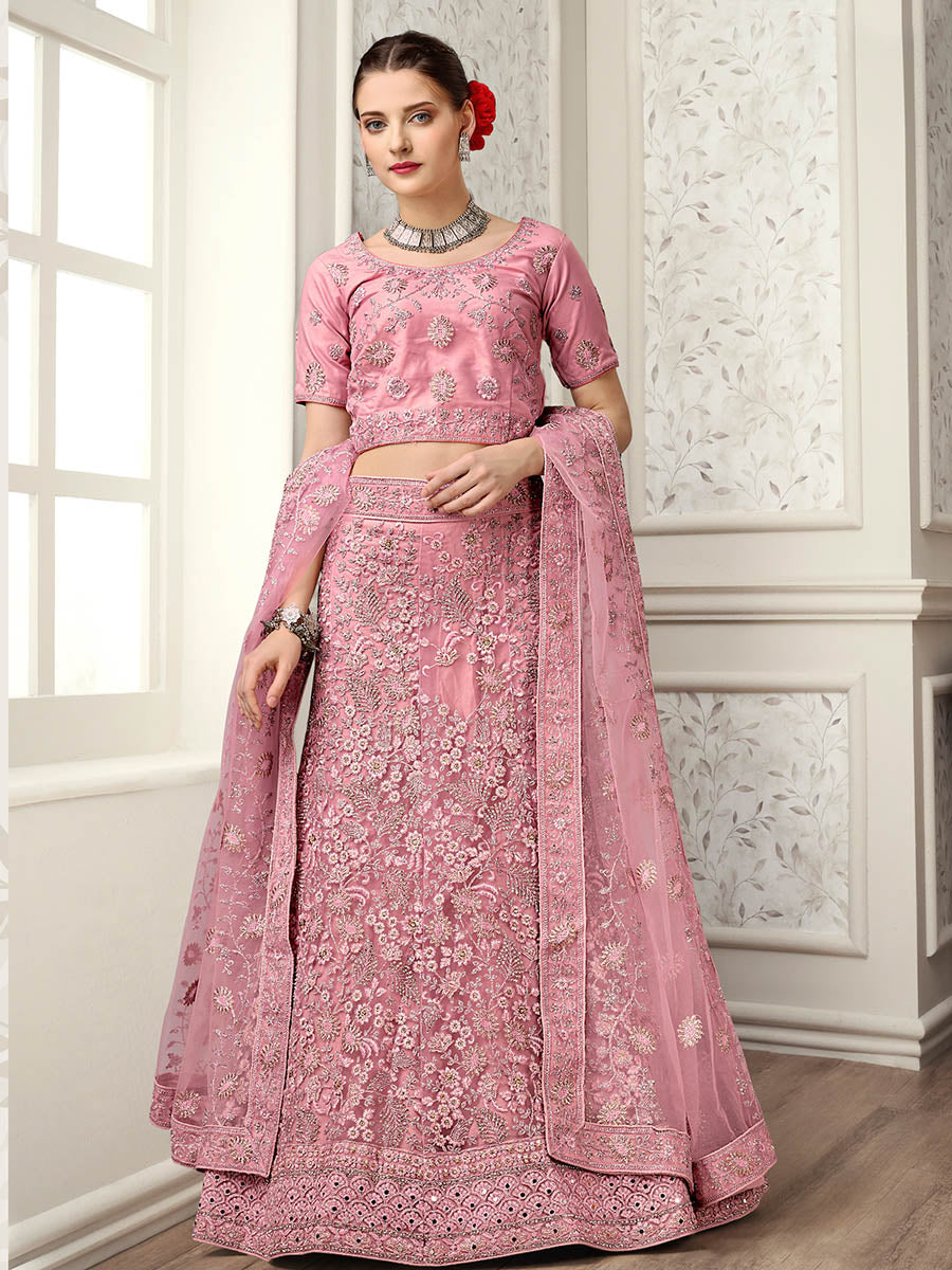 Myra Dusty Pink Net Heavy Embroidered Lehenga Choli | Grocsy