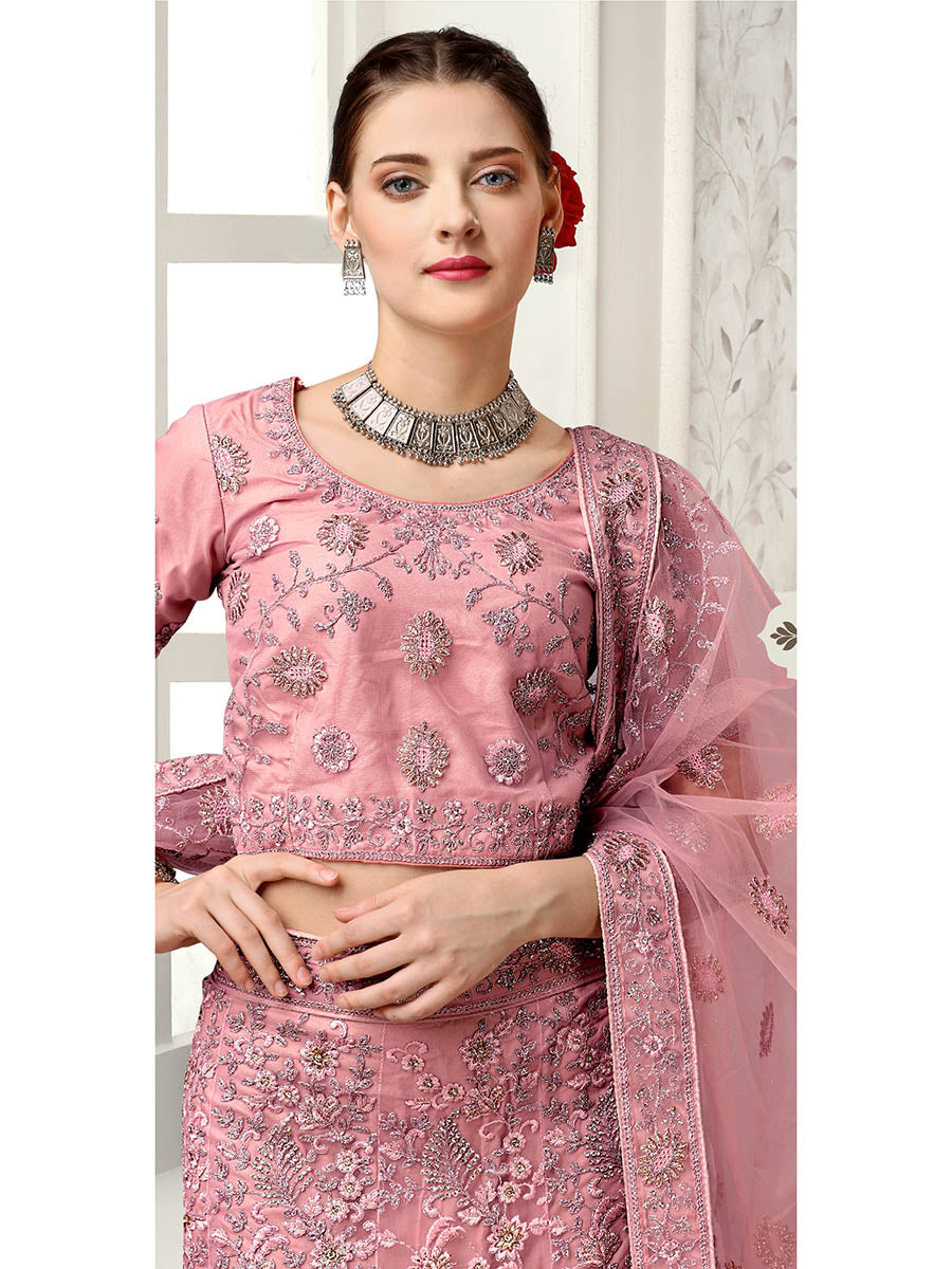 Myra Dusty Pink Net Heavy Embroidered Lehenga Choli | Grocsy