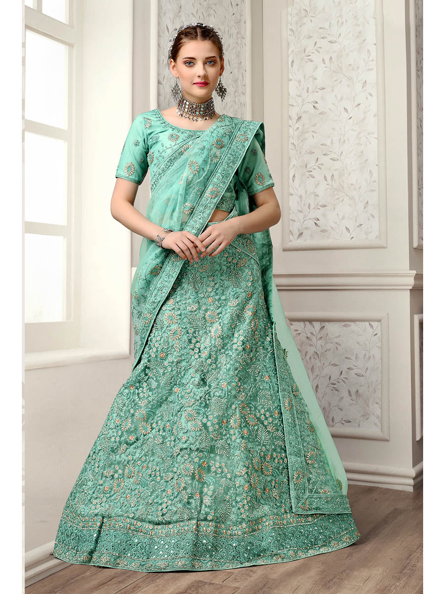 Myra Sea Green Net Heavy Embroidered Lehenga Choli | Grocsy