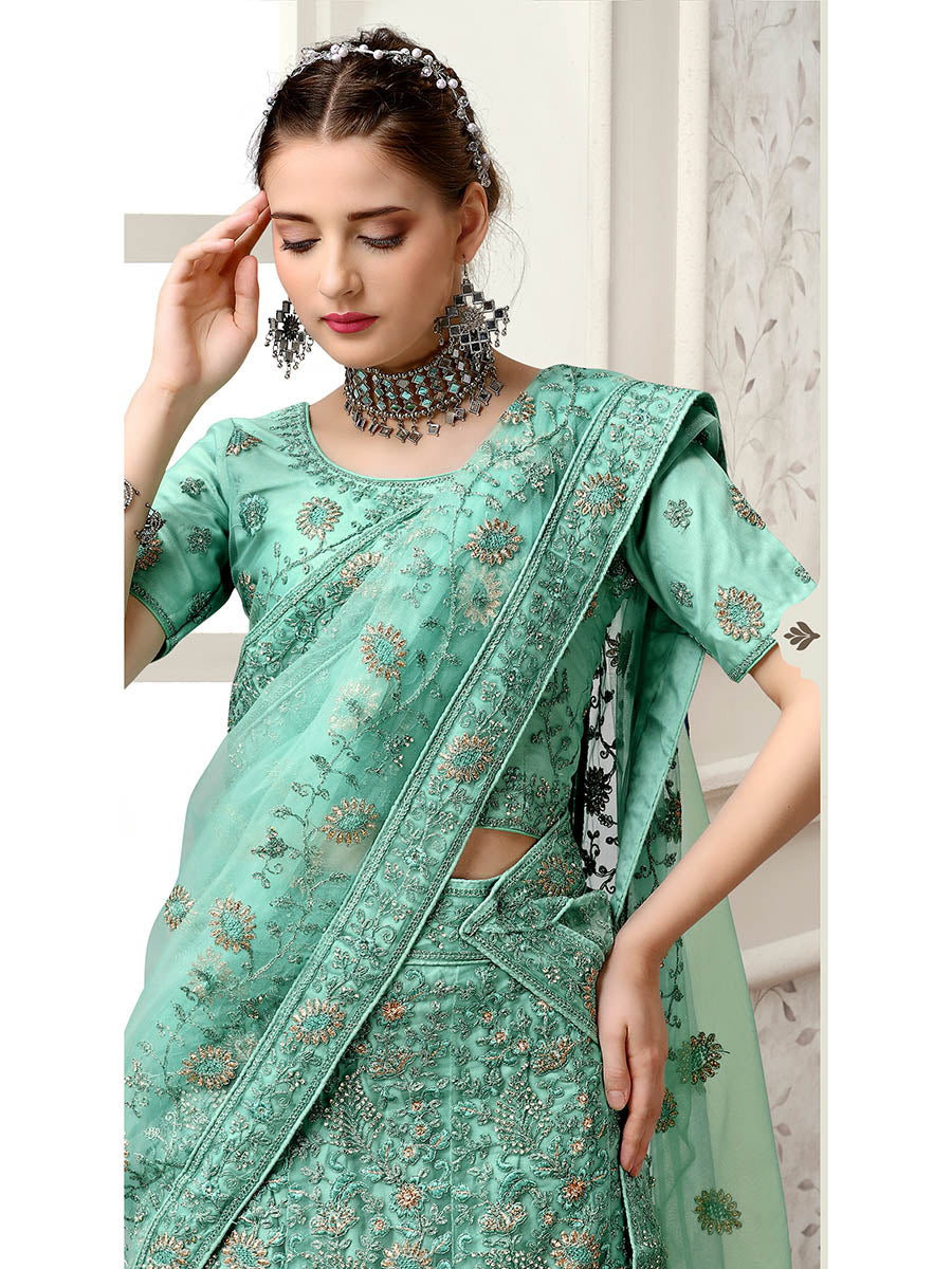 Myra Sea Green Net Heavy Embroidered Lehenga Choli | Grocsy