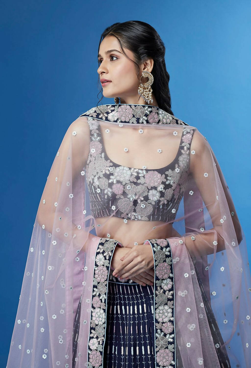 House of Panchhi Navy Blue Color Georgette Multi-Sequins Work Lehenga | Grocsy