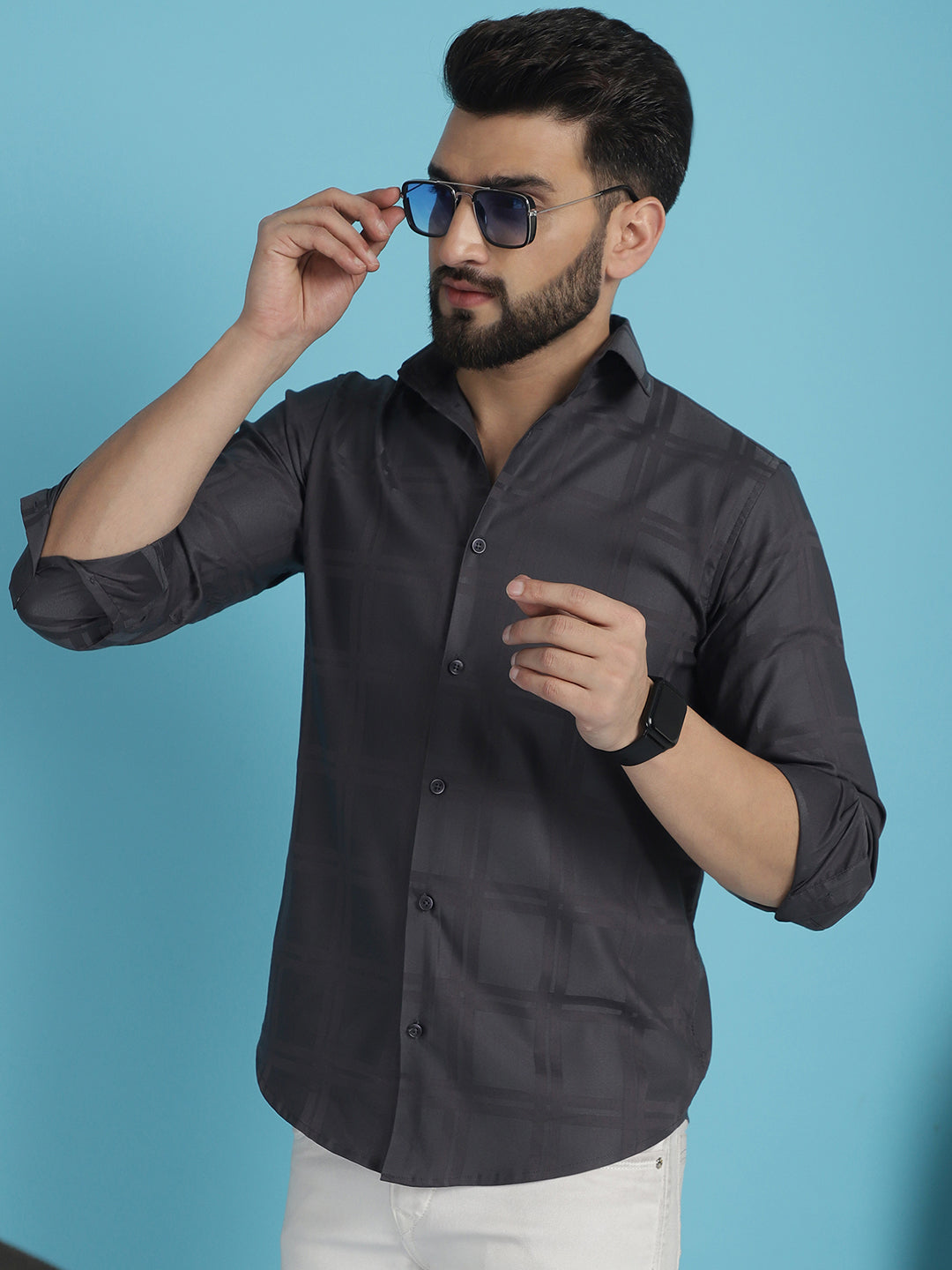 Indian Needle Men's Charcoal Grey Checked Casual Shirt | Grocsy