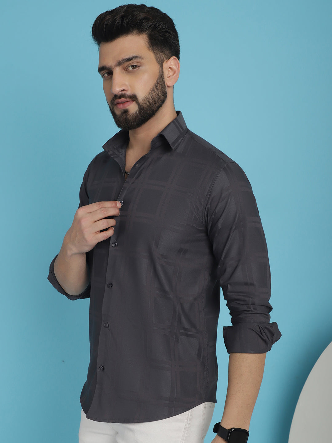 Indian Needle Men's Charcoal Grey Checked Casual Shirt | Grocsy