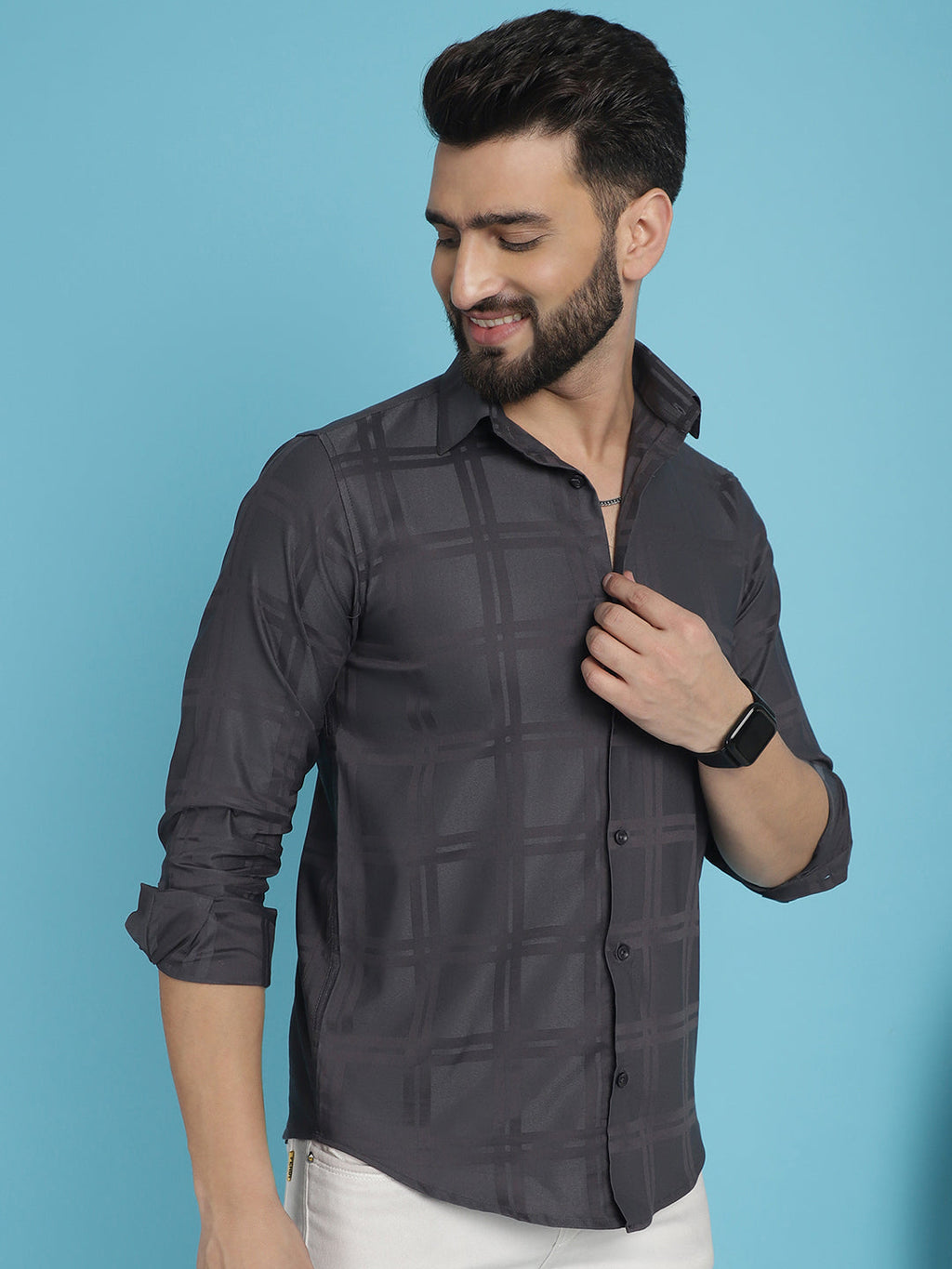 Indian Needle Men's Charcoal Grey Checked Casual Shirt | Grocsy