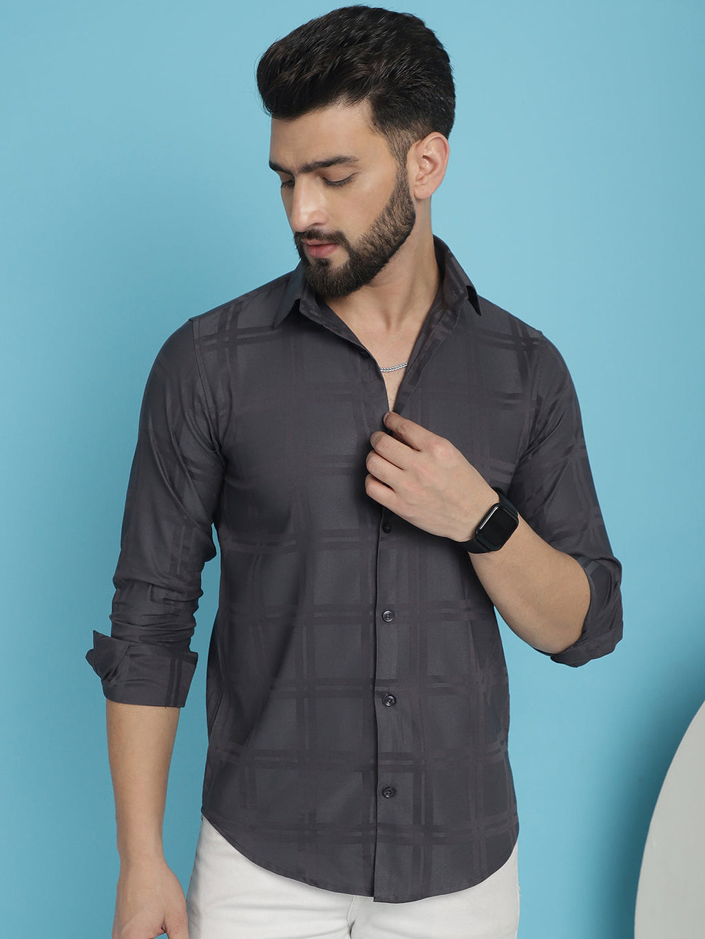 Indian Needle Men's Charcoal Grey Checked Casual Shirt | Grocsy