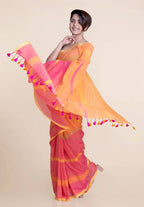 Suta Orange Pink Striped Mul Saree | Grocsy
