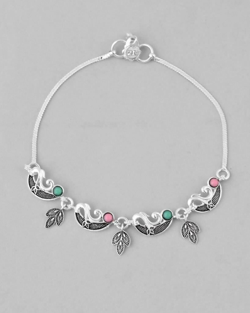 VOJ Set of 2 Silver Plated Multi Color Meenakari Anklet | Grocsy
