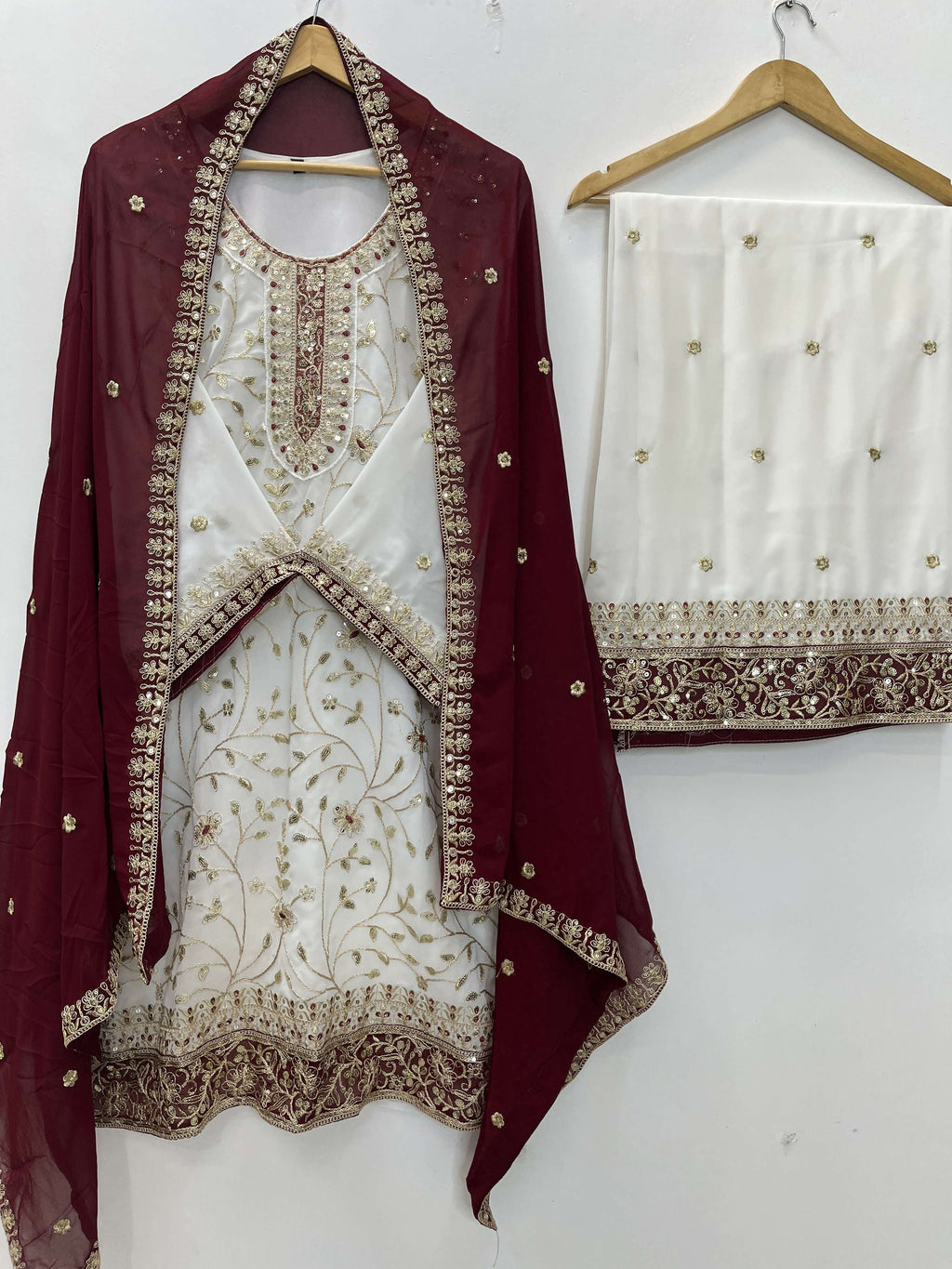 Teeya Creation White Color Faux Georgette Embroidery Work Long Party Wear Palazzo Suit | Grocsy
