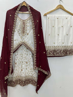Teeya Creation White Color Faux Georgette Embroidery Work Long Party Wear Palazzo Suit | Grocsy