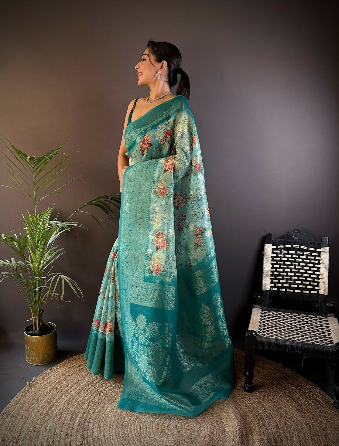 Joban Fashion Teal Floral Motifs Banarasi Silk Sarees | Grocsy
