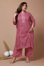 Miravan Women's Plus Size Pink Printed Gota Patti Cotton Kurta With Palazzo | Grocsy
