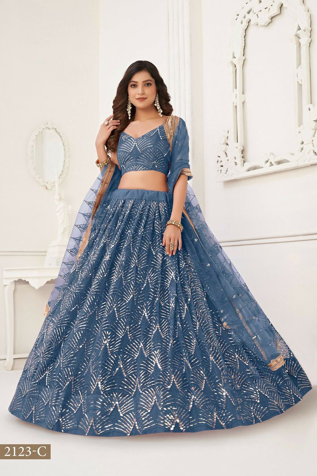 Eilara Glamorous Turquoise Net With Sequins And Thread Embroidery Real Mirror Work Lehenga Choli For Wedding | Grocsy