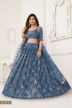 Eilara Glamorous Turquoise Net With Sequins And Thread Embroidery Real Mirror Work Lehenga Choli For Wedding | Grocsy