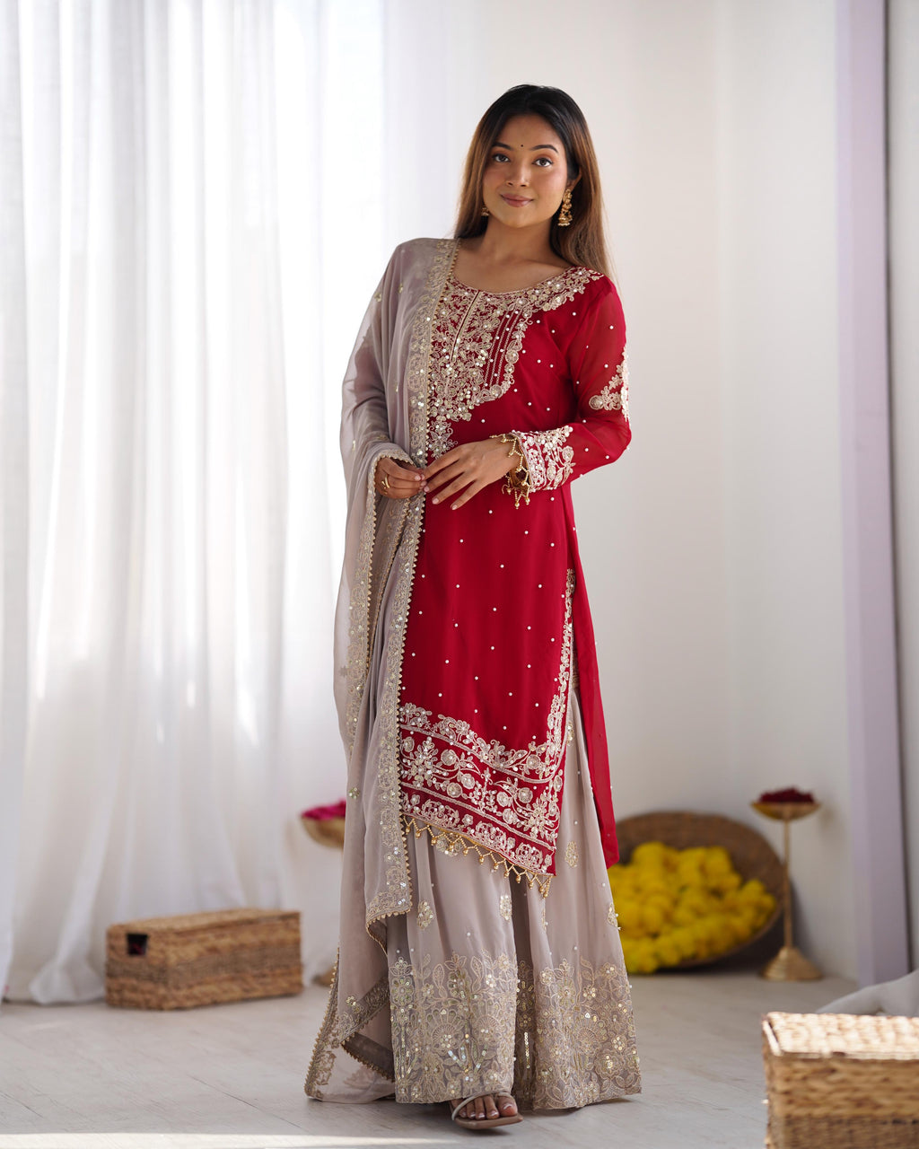 Teeya Creation Red Color Faux Georgette Heavy Embroidery Work Fully Stitched Sharara Suit | Grocsy