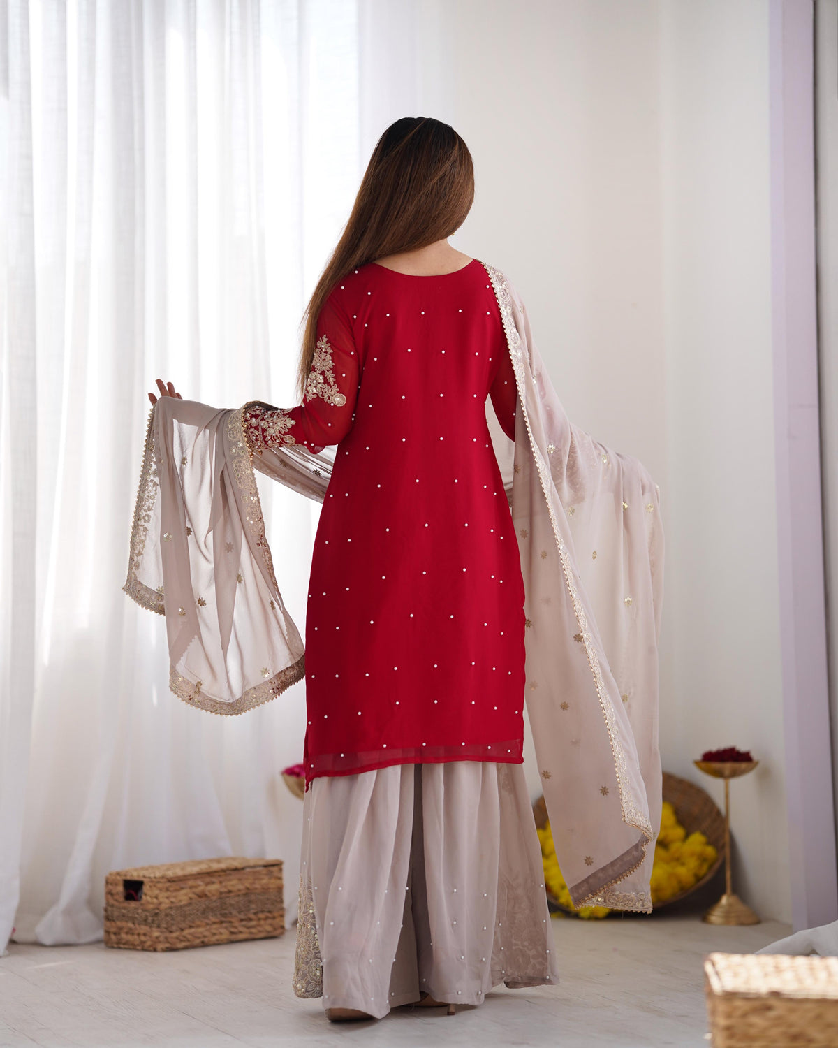 Teeya Creation Red Color Faux Georgette Heavy Embroidery Work Fully Stitched Sharara Suit | Grocsy