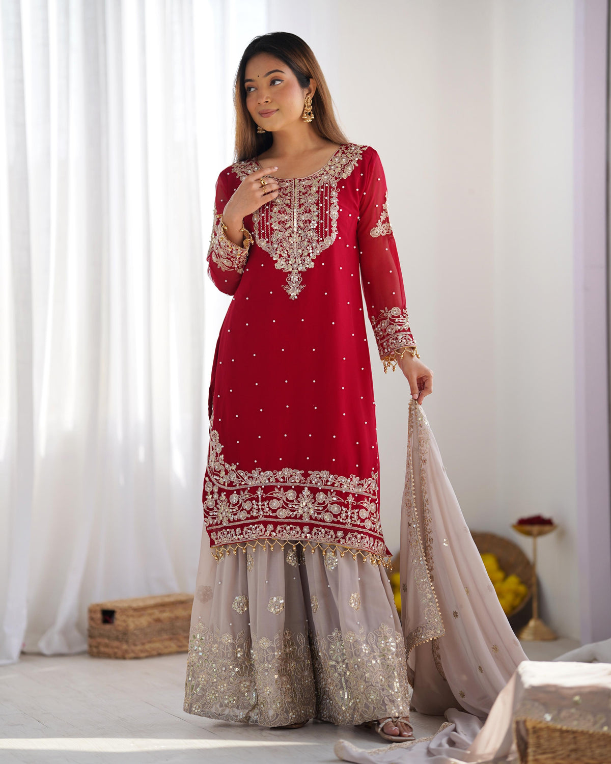 Teeya Creation Red Color Faux Georgette Heavy Embroidery Work Fully Stitched Sharara Suit | Grocsy
