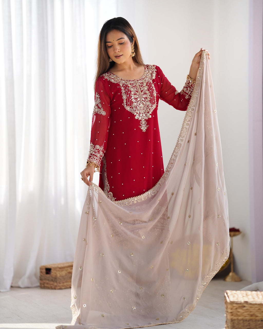 Teeya Creation Red Color Faux Georgette Heavy Embroidery Work Fully Stitched Sharara Suit | Grocsy