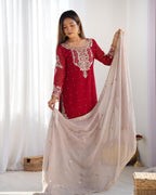 Teeya Creation Red Color Faux Georgette Heavy Embroidery Work Fully Stitched Sharara Suit | Grocsy