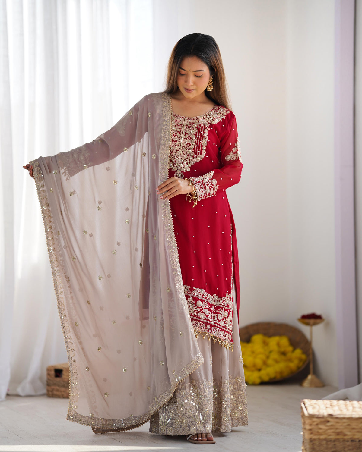 Teeya Creation Red Color Faux Georgette Heavy Embroidery Work Fully Stitched Sharara Suit | Grocsy