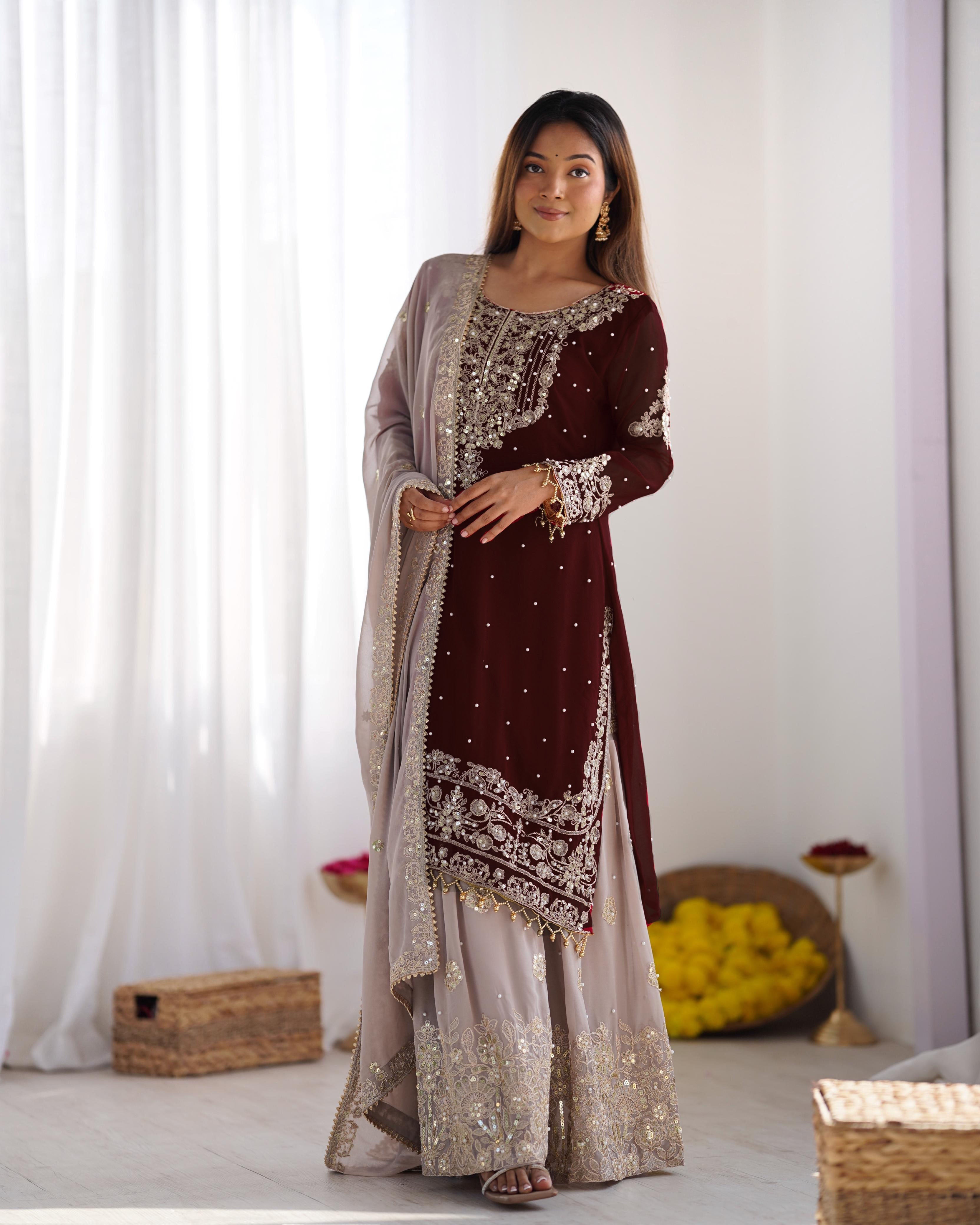 Teeya Creation Coffee Color Faux Georgette Heavy Embroidery Work Pakistani Fully Stitched Salwar Suit | Grocsy
