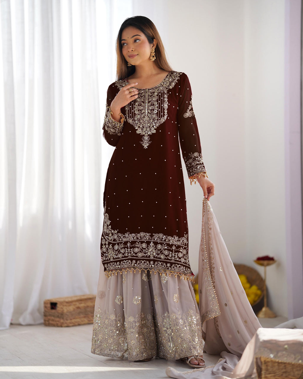 Teeya Creation Coffee Color Faux Georgette Heavy Embroidery Work Pakistani Fully Stitched Salwar Suit | Grocsy
