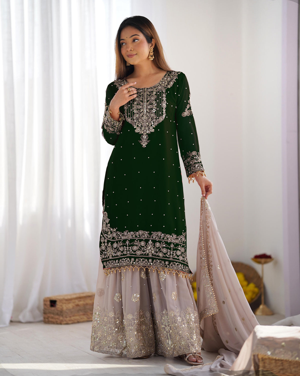 Teeya Creation Green Color Faux Georgette Heavy Embroidery Work Pakistani Fully Stitched Salwar Suit | Grocsy