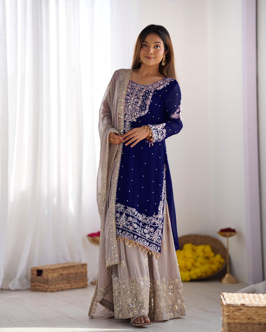 Teeya Creation Navy Blue Color Faux Georgette Heavy Embroidery Work Pakistani Fully Stitched Salwar Suit | Grocsy